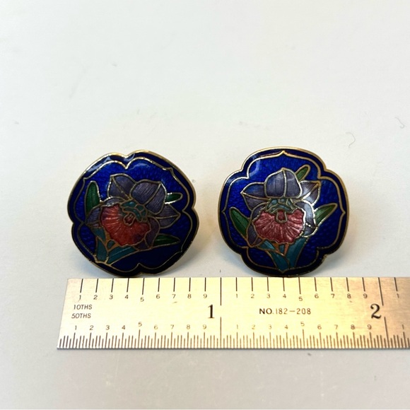 Vintage Cloisonné Pierced Earrings Floral Design - Picture 4 of 5
